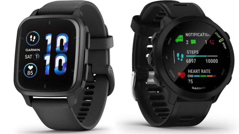 Garmin Venu Sq 2 Music next to Garmin Forerunner 55