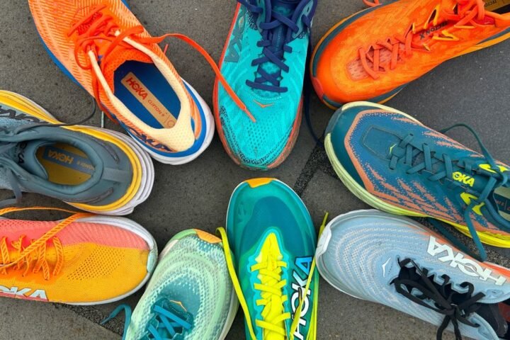 Selection of Hoka running shoes arranged in a circle