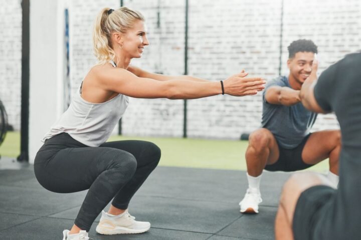 Woman squatting in a circle with other gym-goers